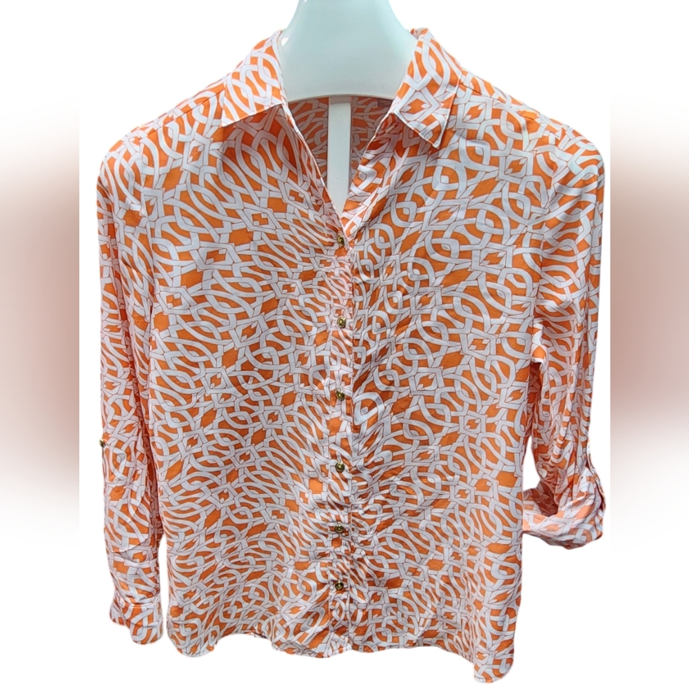 Chico's Women's Eclectic Orange and White Design Long Sleeve Blouse Size 1